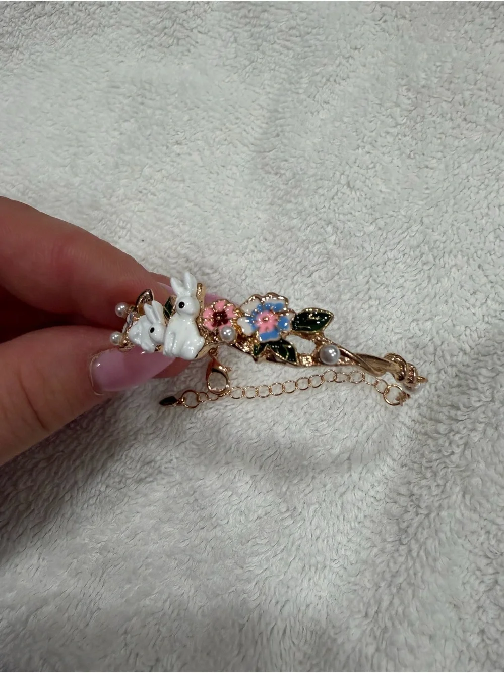 Kawaii Bunny & Floral Gold-Tone Bracelet Pearl Accent Adjustable